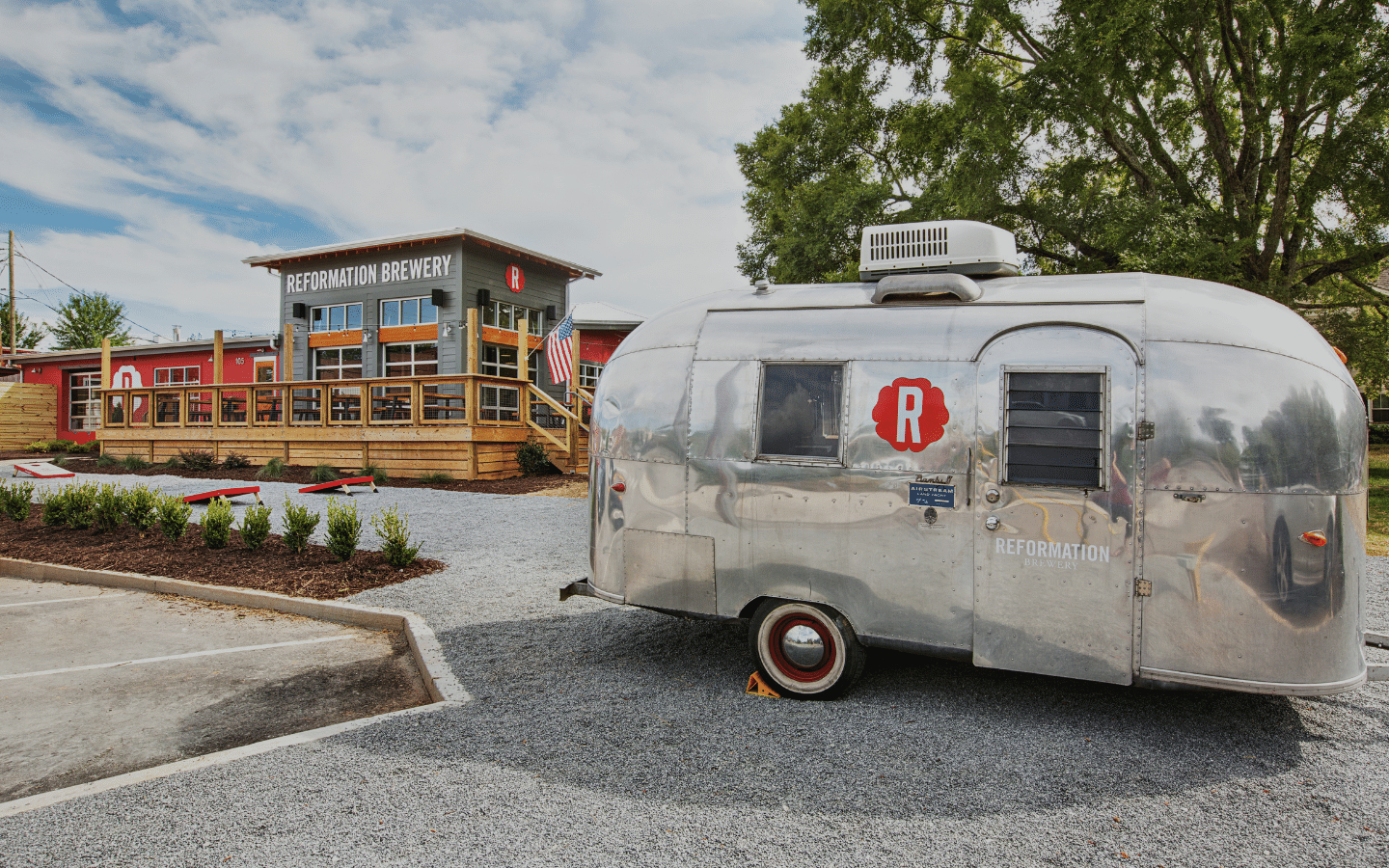 Reformation Brewery in downtown Woodstock, with the Airstream out front